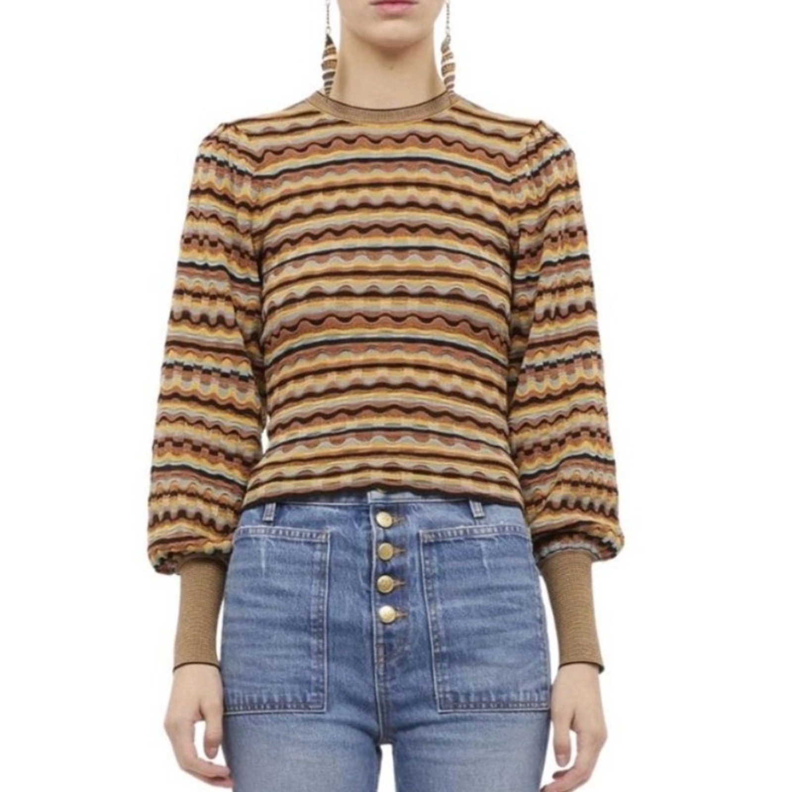 Ulla Johnson Gabi Pullover Sweater Tiger’s Eye Puff Sleeve Metallic Sz M